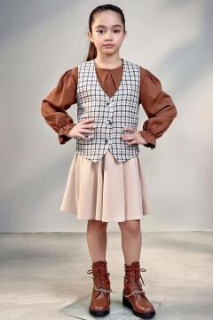 Kız Çocuk Bebe Yaka Bilekler Lastikli Kahverengi Kazak Ekose Detay Cepken ve Penye Etekli Takım