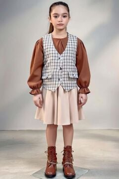 Kız Çocuk Bebe Yaka Bilekler Lastikli Kahverengi Kazak Ekose Detay Cepken ve Penye Etekli Takım