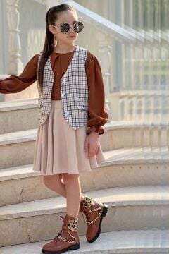 Kız Çocuk Bebe Yaka Bilekler Lastikli Kahverengi Kazak Ekose Detay Cepken ve Penye Etekli Takım