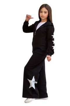 Kız Çocuk Askılı Crop Fermuarlı Star Baskılı Bol Kesim Siyah Eşofman Takım