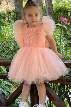 Kız Çocuk Omuzları Tüllü Üzeri Boydan Simli Kolsuz Somon Abiye