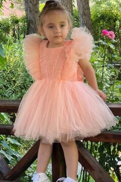 Kız Çocuk Omuzları Tüllü Üzeri Boydan Simli Kolsuz Somon Abiye