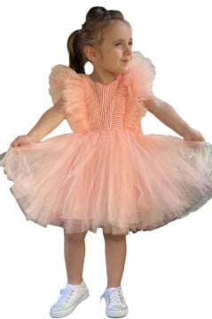 Kız Çocuk Omuzları Tüllü Üzeri Boydan Simli Kolsuz Somon Abiye