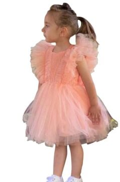 Kız Çocuk Omuzları Tüllü Üzeri Boydan Simli Kolsuz Somon Abiye