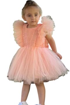 Kız Çocuk Omuzları Tüllü Üzeri Boydan Simli Kolsuz Somon Abiye