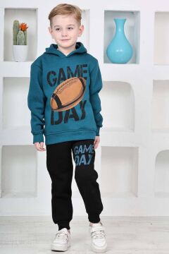 Erkek Çocuk Üzerinde Top ve Game Day Yazı Baskılı Sweatshirt 3 İplik Lacivert Eşofman Takım