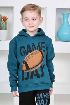 Erkek Çocuk Üzerinde Top ve Game Day Yazı Baskılı Sweatshirt 3 İplik Lacivert Eşofman Takım