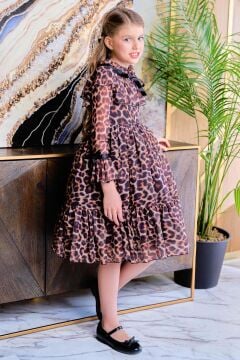 Kız Çocuk Göğsü Fırfırlı Yakası Kurdele Detaylı Leopar Desenli Kehribar Elbise