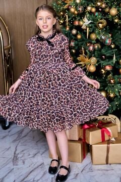 Kız Çocuk Göğsü Fırfırlı Yakası Kurdele Detaylı Leopar Desenli Kehribar Elbise