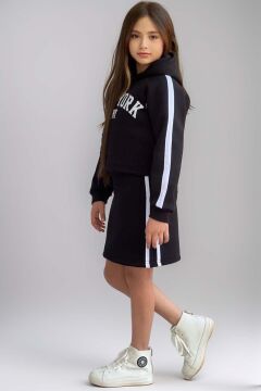 Kız Çocuk New York Baskılı Kapüşonlu Sweatshirt İp Askılı Penye Kumaş Elbise 2li Siyah Takım