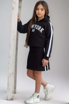 Kız Çocuk New York Baskılı Kapüşonlu Sweatshirt İp Askılı Penye Kumaş Elbise 2li Siyah Takım