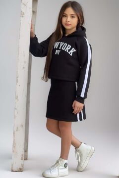 Kız Çocuk New York Baskılı Kapüşonlu Sweatshirt İp Askılı Penye Kumaş Elbise 2li Siyah Takım