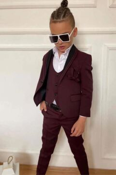 Erkek Çocuk Yakası Şerit Detaylı Cepken Yelekli Blazer Ceketli Bordo Takım Elbise