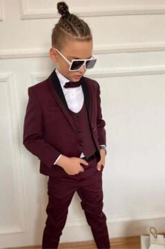 Erkek Çocuk Yakası Şerit Detaylı Cepken Yelekli Blazer Ceketli Bordo Takım Elbise
