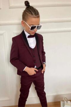 Erkek Çocuk Yakası Şerit Detaylı Cepken Yelekli Blazer Ceketli Bordo Takım Elbise