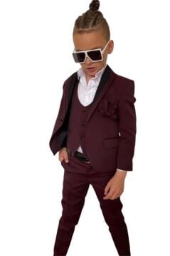 Erkek Çocuk Yakası Şerit Detaylı Cepken Yelekli Blazer Ceketli Bordo Takım Elbise
