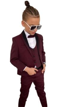 Erkek Çocuk Yakası Şerit Detaylı Cepken Yelekli Blazer Ceketli Bordo Takım Elbise