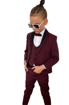 Erkek Çocuk Yakası Şerit Detaylı Cepken Yelekli Blazer Ceketli Bordo Takım Elbise
