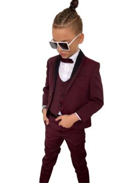Erkek Çocuk Yakası Şerit Detaylı Cepken Yelekli Blazer Ceketli Bordo Takım Elbise