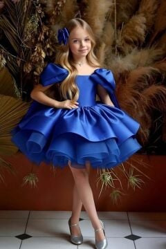 Kız Çocuk Omuzları Fiyonk Detaylı Kayık Yaka İçi astarlı Eteği Kabarık Saks Mavi Abiye