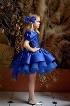 Kız Çocuk Omuzları Fiyonk Detaylı Kayık Yaka İçi astarlı Eteği Kabarık Saks Mavi Abiye