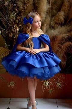 Kız Çocuk Omuzları Fiyonk Detaylı Kayık Yaka İçi astarlı Eteği Kabarık Saks Mavi Abiye