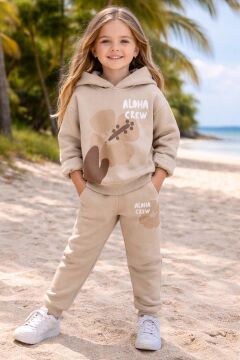 Kız Çocuk Digital Çiçek Baskı ve Aloha Crew Yazı Detaylı Bej Eşofman Takım