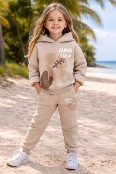 Kız Çocuk Digital Çiçek Baskı ve Aloha Crew Yazı Detaylı Bej Eşofman Takım