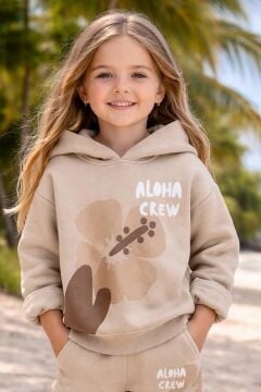 Kız Çocuk Digital Çiçek Baskı ve Aloha Crew Yazı Detaylı Bej Eşofman Takım