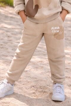 Kız Çocuk Digital Çiçek Baskı ve Aloha Crew Yazı Detaylı Bej Eşofman Takım