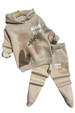 Kız Çocuk Digital Çiçek Baskı ve Aloha Crew Yazı Detaylı Bej Eşofman Takım