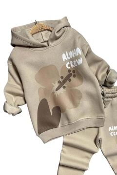 Kız Çocuk Digital Çiçek Baskı ve Aloha Crew Yazı Detaylı Bej Eşofman Takım