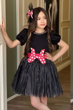 Kız Çocuk Yakası İnci ve Eteği Simli Puantiye Detaylı Siyah Elbise