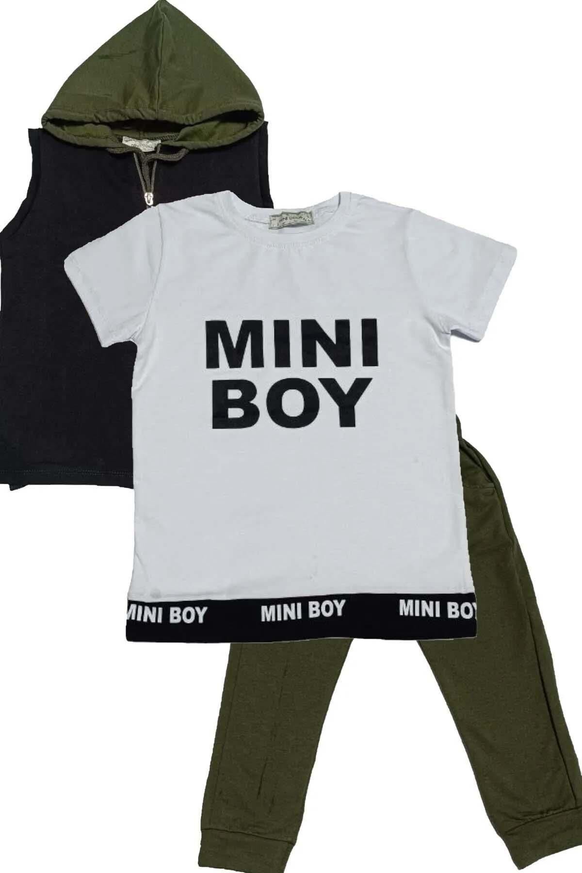 Erkek Çocuk Mini Boy Yazı ve Şerit Detaylı T-shirt Kolsuz Siyah Yelek Eşofman Takım