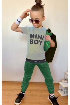 Erkek Çocuk Mini Boy Yazı ve Şerit Detaylı T-shirt Kolsuz Siyah Yelek Eşofman Takım