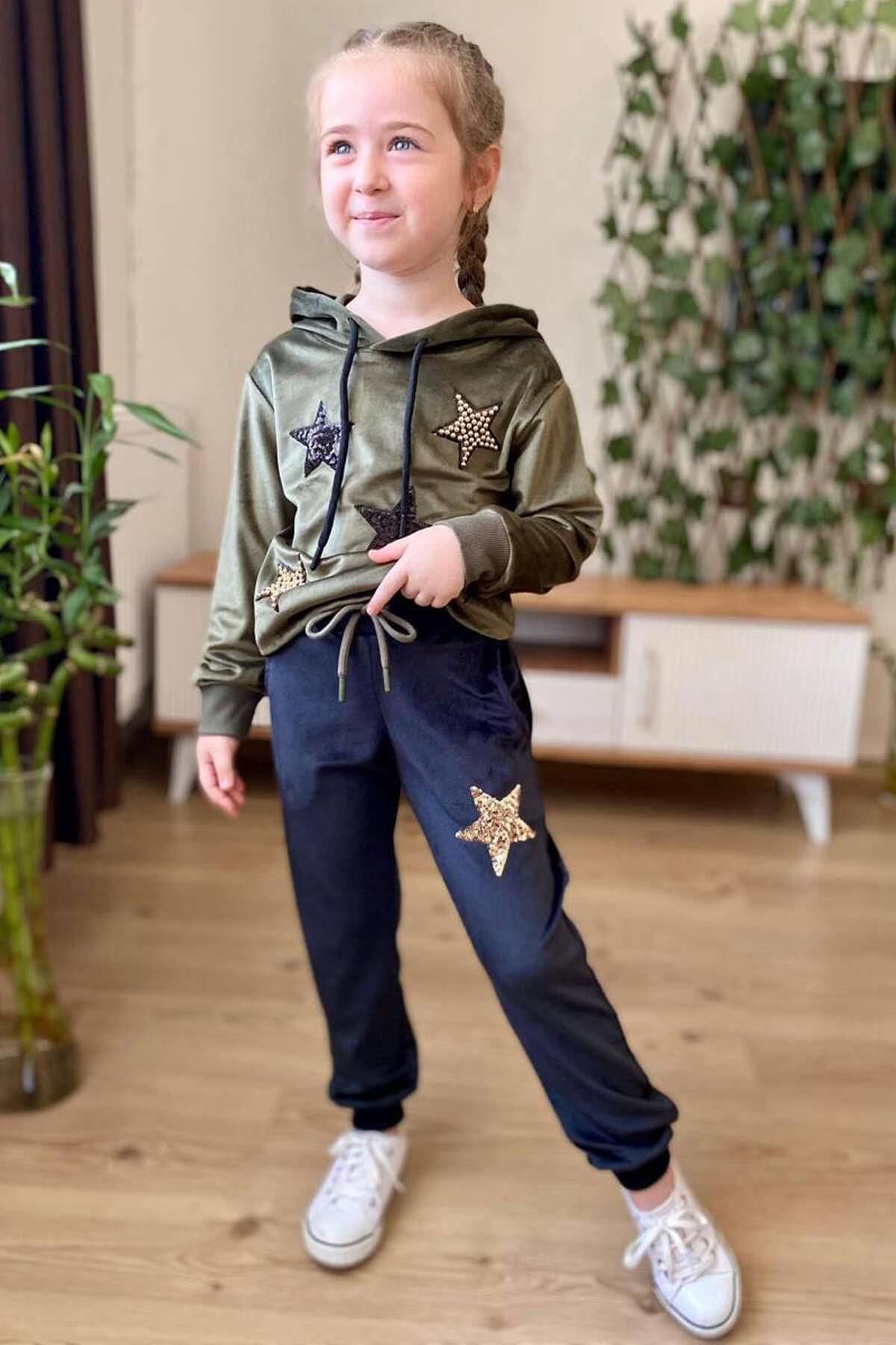 Kız Çocuk Pullu Yıldız İşlemli Kadife Sweatshirt Eşofman Altı Haki Eşofman Takım