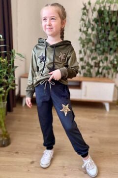 Kız Çocuk Pullu Yıldız İşlemli Kadife Sweatshirt Eşofman Altı Haki Eşofman Takım