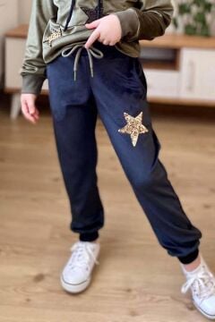 Kız Çocuk Pullu Yıldız İşlemli Kadife Sweatshirt Eşofman Altı Haki Eşofman Takım