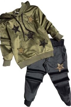 Kız Çocuk Pullu Yıldız İşlemli Kadife Sweatshirt Eşofman Altı Haki Eşofman Takım