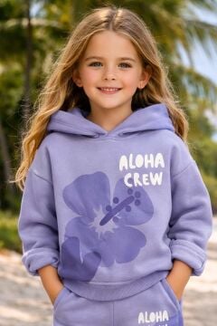Kız Çocuk Digital Çiçek Baskı ve Aloha Crew Yazı Detaylı Lila Eşofman Takım