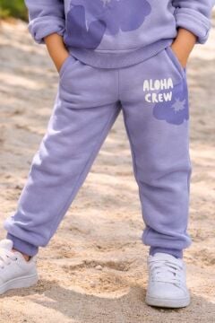 Kız Çocuk Digital Çiçek Baskı ve Aloha Crew Yazı Detaylı Lila Eşofman Takım