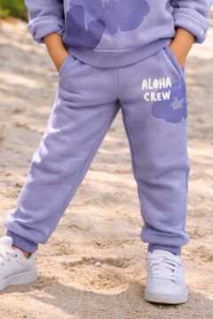 Kız Çocuk Digital Çiçek Baskı ve Aloha Crew Yazı Detaylı Lila Eşofman Takım