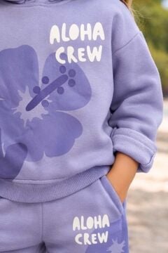 Kız Çocuk Digital Çiçek Baskı ve Aloha Crew Yazı Detaylı Lila Eşofman Takım