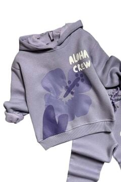 Kız Çocuk Digital Çiçek Baskı ve Aloha Crew Yazı Detaylı Lila Eşofman Takım