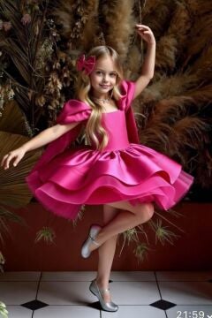 Kız Çocuk Omuzları Fiyonk Detaylı Kayık Yaka İçi astarlı Eteği Kabarık Fuşya Abiye