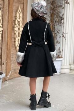 Kız Çocuk Ekose Desen Elbise ve Kolları Peluş ve İnci İşleme Siyah Kaşe Kaban