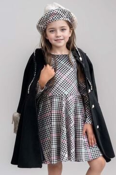 Kız Çocuk Ekose Desen Elbise ve Kolları Peluş ve İnci İşleme Siyah Kaşe Kaban