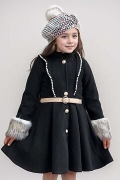Kız Çocuk Ekose Desen Elbise ve Kolları Peluş ve İnci İşleme Siyah Kaşe Kaban