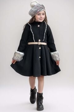 Kız Çocuk Ekose Desen Elbise ve Kolları Peluş ve İnci İşleme Siyah Kaşe Kaban