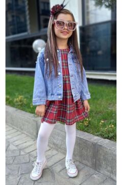 Kız Çocuk Omuzlar İnci Boncuk İşlemeli Mavi Kot Ceket Bisiklet Yaka Ekose Çizgili Sıfır Kol Elbise